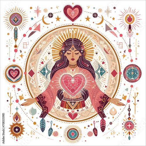 Boho sacred heart reiki magic woman mystical symbol flat holistic healing meditation new age concepta