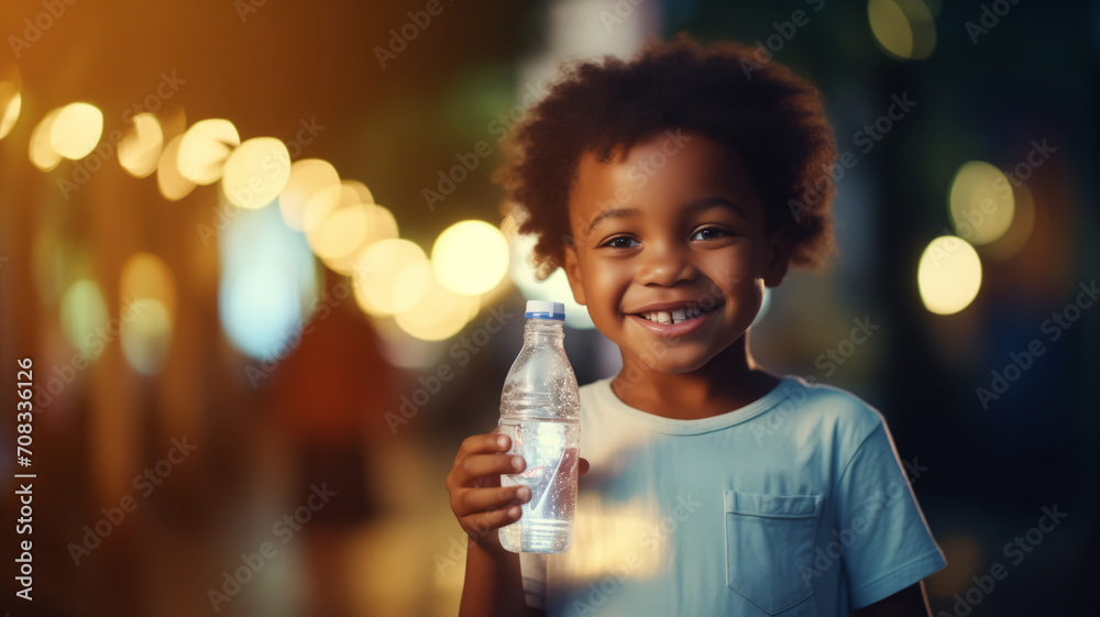 Smile african child holding plastic water bottle, happy childhood. Concept for solving drinking water problems in Africa, need for pump Smile african child holding plastic water bottle, happy childhood. Concept for solving drinking water problems in Africa, need for pump