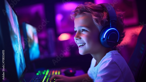 Neon color streamer child boy in headphone playing video game with winner expression at gaming room photo