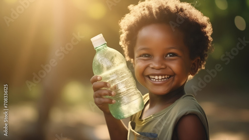 Smile african child holding plastic water bottle, happy childhood. Concept for solving drinking water problems in Africa, need for pump photo
