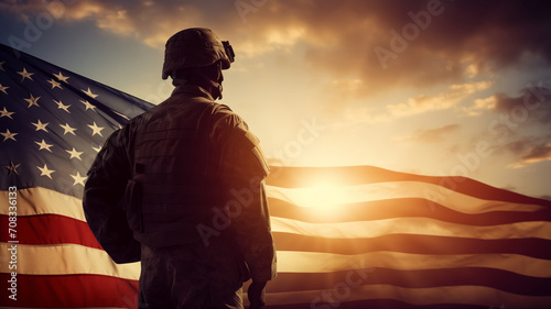 Banner army USA soldier on background national flag with sun light photo