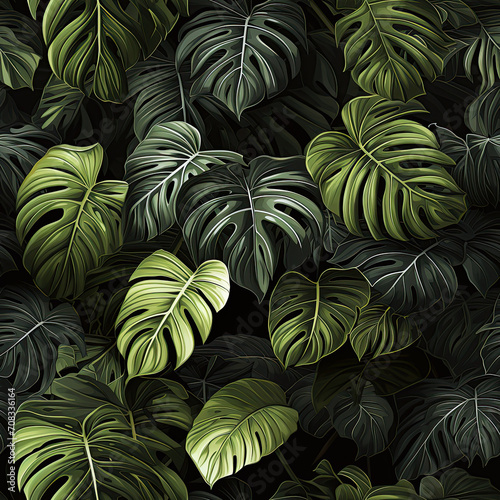 Wallpaper Mural seamless pattern with green monstera leaves on tropical forest background. Hawaiian texture ornament for fabric and textile decoration Torontodigital.ca