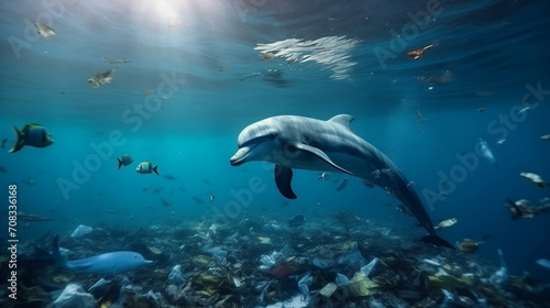 Concept pollution water with waste plastic and human. Blue dolphin floating among garbage in ocean. © Adin