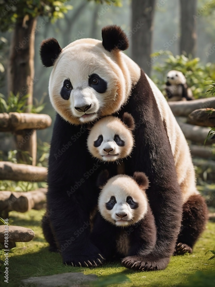 Fototapeta premium beautiful panda with a baby panda happy together in chinese park realistic 