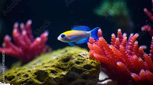 The Sapphire Danio swims alongside coral reefs and clusters of seaweed, Generative AI photo