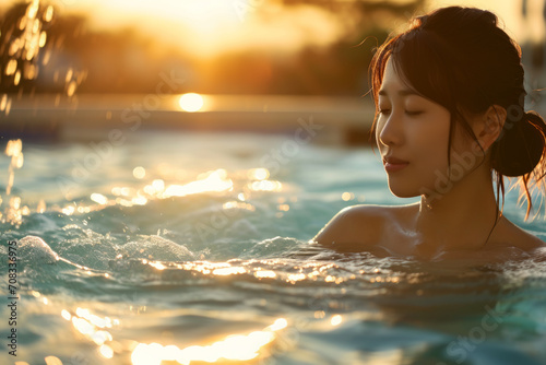 A serene Asian woman enjoying a spa hot tub during twilight with last sun rays on her face and natural backdrop