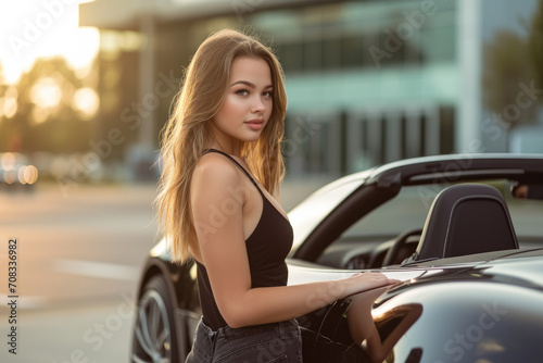 a beautiful girl posing in front of a luxury car © Kien