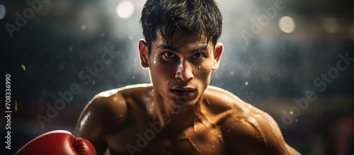 A determined Thai boxer showcases martial art skills and commitment for victory.
