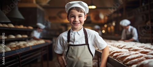Happy youth trains as a miller or baker's apprentice donning a hat. photo