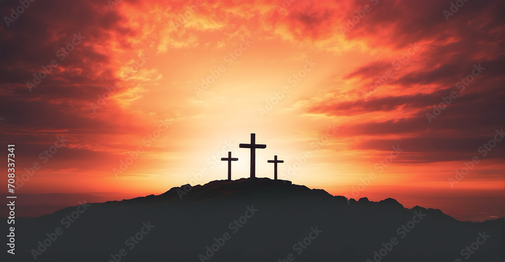 A concept of Jesus crucifixion with the sunset background