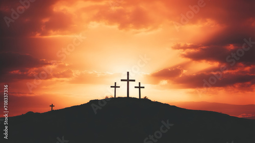 A concept of Jesus crucifixion with the sunset background