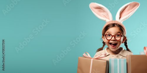 Cute smiling girl wearing Easter bunny ears with shopping gifts with empty space for text over turquoise background © Banners