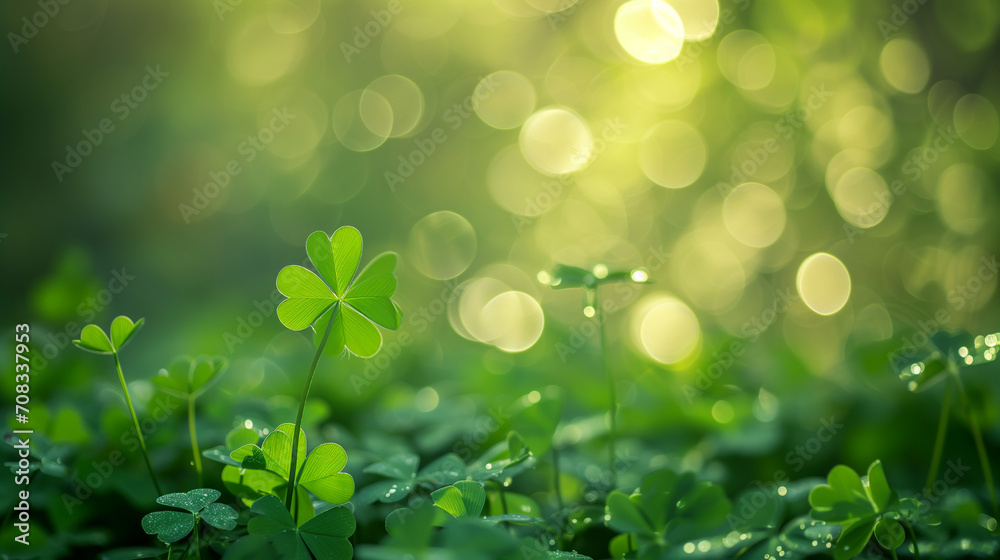 Grass and sunlight, Natural green background with fresh three-leaved shamrocks. St. Patrick's day holiday symbol. Top View, green background clover leaf bokeh lights defocused, Ai generated image