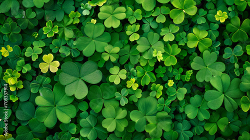 Green leaves background, Glitter green clover leaves as background, top view. St. Patrick's Day celebration, Ai generated image