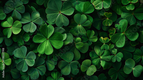 Green abstract St Patricks day background with sparkling shamrock shapes, Green clover leaves , 17 march holiday concept., wallpaper banner, Glitter green clover leaves as background, top view. Ai