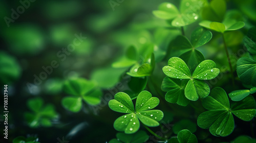 Four clover in spring  Green clover with dew on leaves  st. patrick s day concept  green background clover leaf bokeh lights defocused  Ai generated image