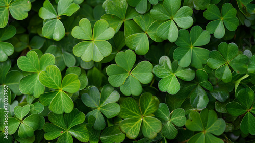 Green leaves of a plant, Green clover with dew on leaves, st. patrick's day concept, green background clover leaf bokeh lights defocused, Ai generated image