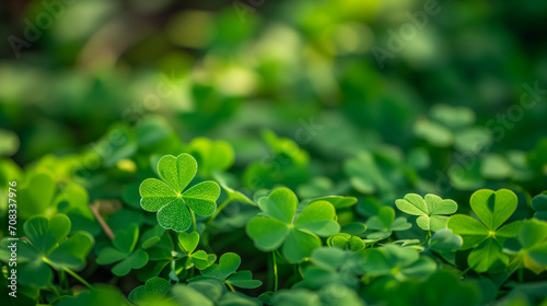 Green background with three-leaved shamrocks, Lucky Irish Four Leaf Clover in the Field, Ai generated image  © PixxStudio