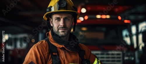 Firefighter in uniform and helmet at fire station, fireman attire.