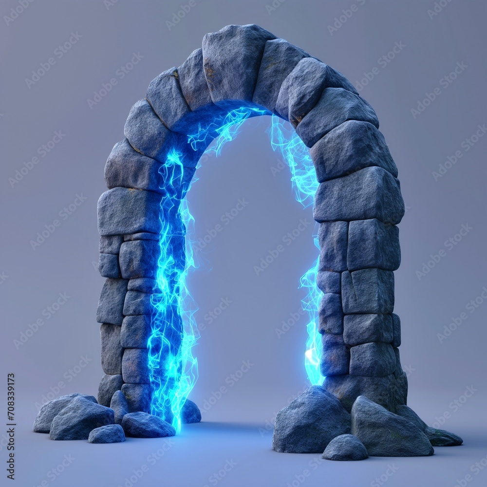 Magic Gate. Blue light, Fire. Portal in a stone arch. Fantasy gate