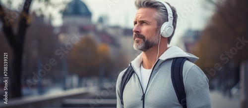 Attractive middle-aged man jogger pausing to rest and listen to music in city. photo