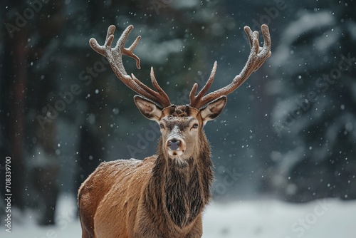 red deer on forest background with snow falling © pics3