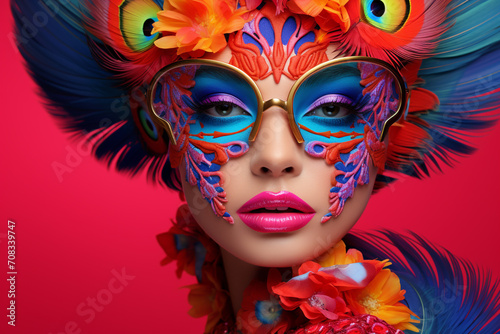 Beauty, fashion, style and fine-art concept. Abstract and surreal close-up beautiful young woman with colorful make-up. Model face dyed with vivid colors