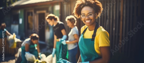 Black woman volunteers outdoors  happily helping with recycling and cleaning for a clean environment.