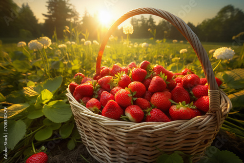 Strawberries in a basket. Woven basket full of strawberries in a strawberry field on a berry farm. photo