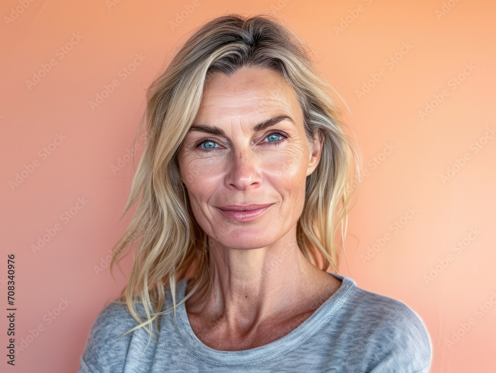 Close up of a confident middle aged woman with a peach copyspace background Close up of a confident middle aged woman with a peach copyspace background