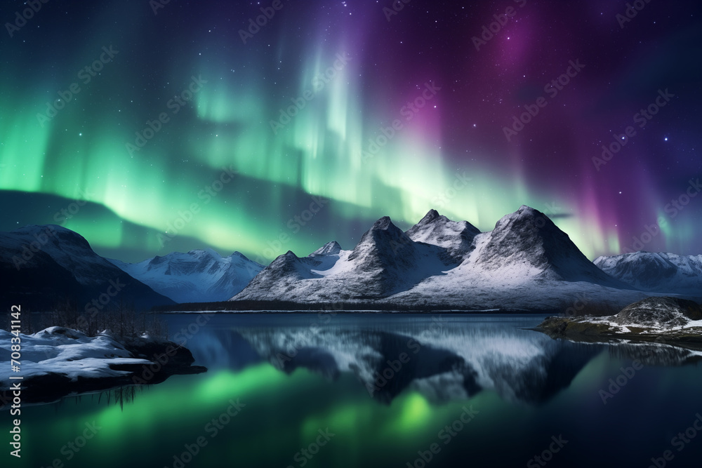 Scenic of Northern lights aurora borealis green and purple with snow mountains Reflection in the lake water at night, In Scandinavia Country Winter Season, North pole, Northern Europe, Landscape