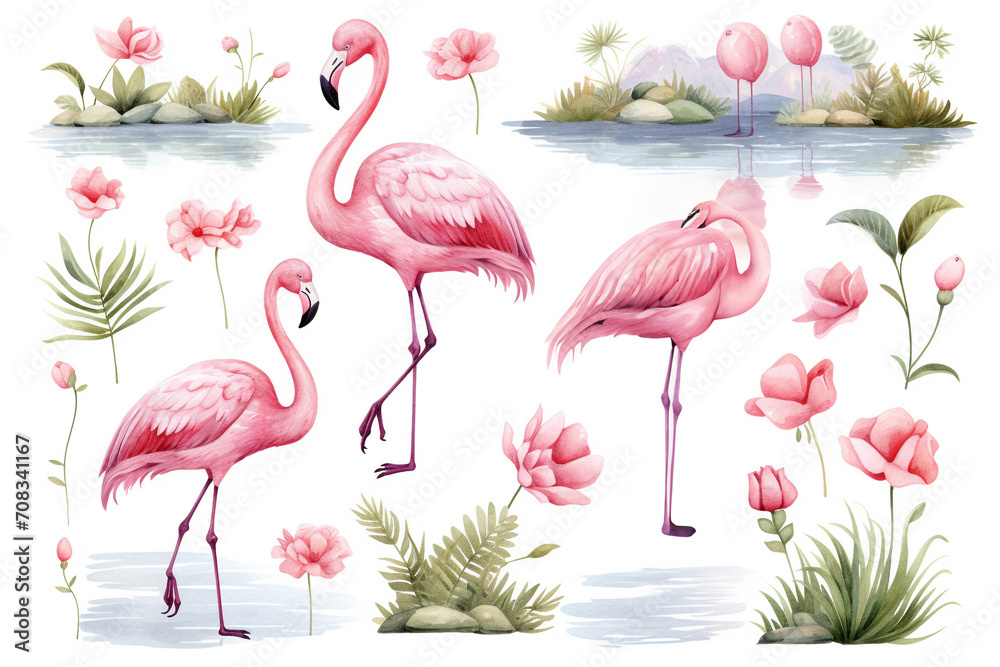 Fototapeta premium Set Of Watercolor paintings Flamingo on white background. 