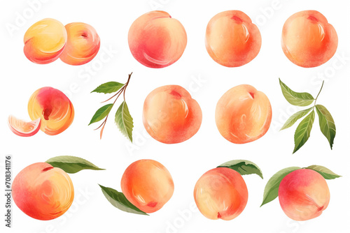 Watercolor painting Peach fruit symbols on a white background. 