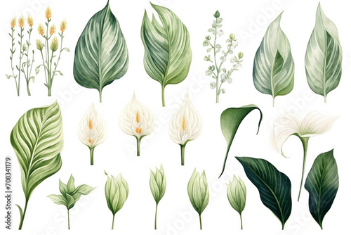 Watercolor painting.Spathiphyllum symbols on a white background. 