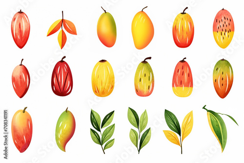 Watercolor painting Mango fruit symbols on a white background. 