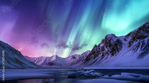 Scenery of Northern lights aurora borealis green and purple with snow mountains Reflection in the lake water at night, In Scandinavia Country Winter Season, North pole, Northern Europe, Landscape photo
