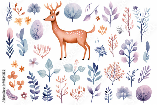 Watercolor paintings Deer on white background. 