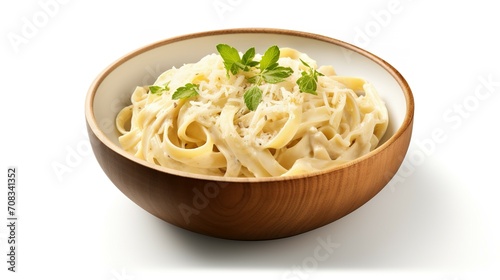 Bowl of fettucini alfredo with garnish isolated on transparent background, top down view, view from above, delicious Italian pasta dish food for menu