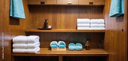  a shelf with towels, slippers, and a bottle of lotion in a room with wood paneling. © Jevjenijs