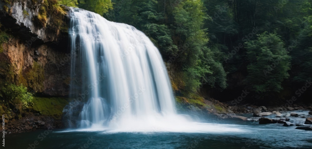 a large waterfall in the middle of a forest filled with lots of green trees and rocks on the side of a body of water. a large waterfall in the middle of a forest filled with lots of green trees and rocks on the side of a body of water.
