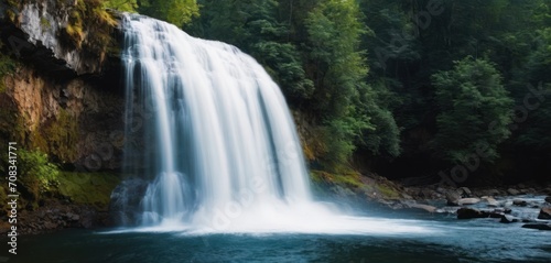  a large waterfall in the middle of a forest filled with lots of green trees and rocks on the side of a body of water.
