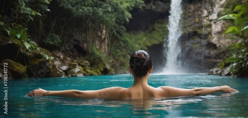  a woman swims in a pool in front of a waterfall with a waterfall in the back of her head.