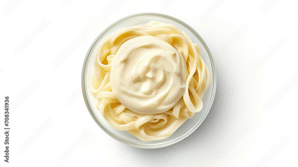 Bowl of fettucini alfredo with garnish isolated on transparent background, top down view, view from above, delicious Italian pasta dish food for menu Bowl of fettucini alfredo with garnish isolated on transparent background, top down view, view from above, delicious Italian pasta dish food for menu