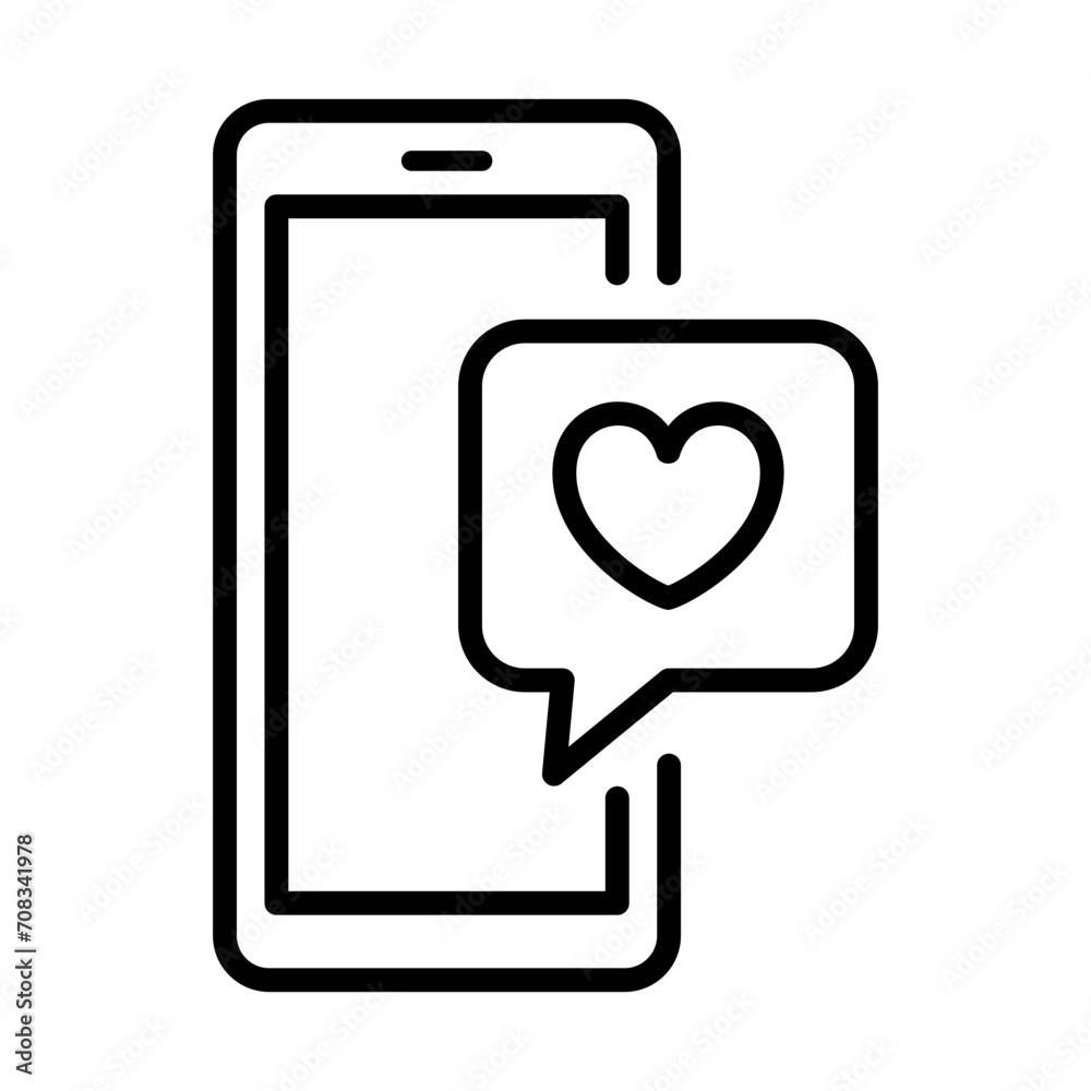 Black single smartphone with heart bubble message line icon, simple digital graphic flat design pictogram, infographic vector for app logo web button ui ux interface isolated on white background Black single smartphone with heart bubble message line icon, simple digital graphic flat design pictogram, infographic vector for app logo web button ui ux interface isolated on white background