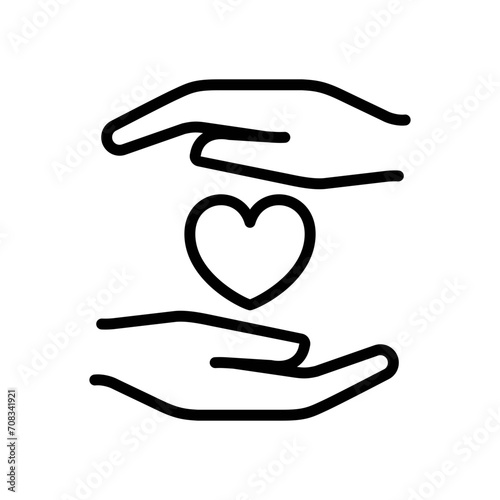 Black single heart caring hands thin line icon, simple protection outline flat design pictogram, infographic vector for ads app logo web button ui ux interface element isolated on white background