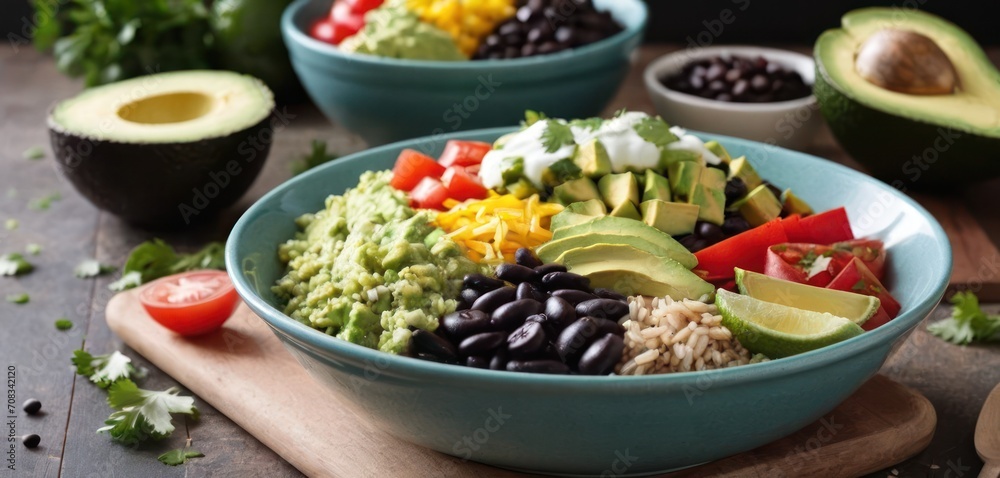 a close up of a bowl of food with avocado, tomatoes, black beans, and avocados.