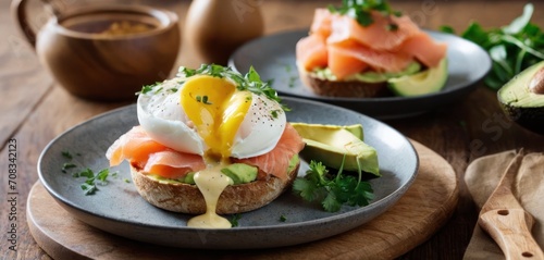  a plate of food with eggs, avocado, and smoked salmon on top of bread on a wooden table.
