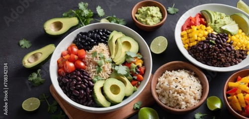  three bowls filled with rice, beans, avocado, corn, tomatoes, black beans, and avocados.