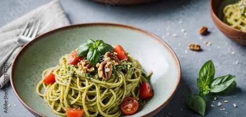  a plate of pasta with pesto, tomatoes, and walnuts on a blue surface with a napkin next to it.