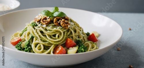  a close up of a bowl of pasta with broccoli and tomatoes and walnuts on top of it.